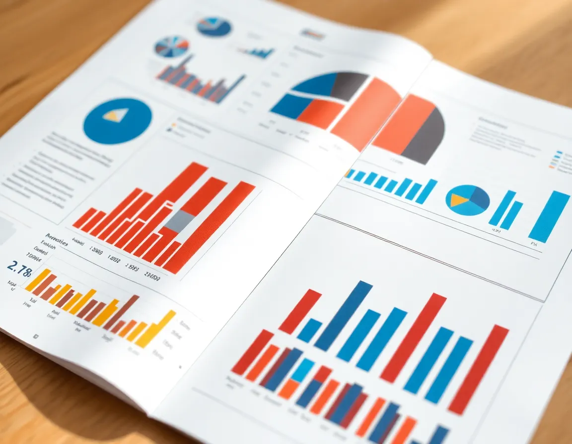 A diverse portfolio document with charts and graphs spreading out from it.