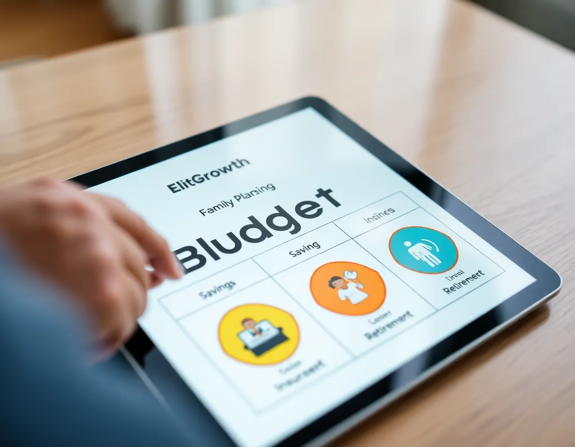A family budget being planned on a tablet with icons for savings, insurance, and retirement.