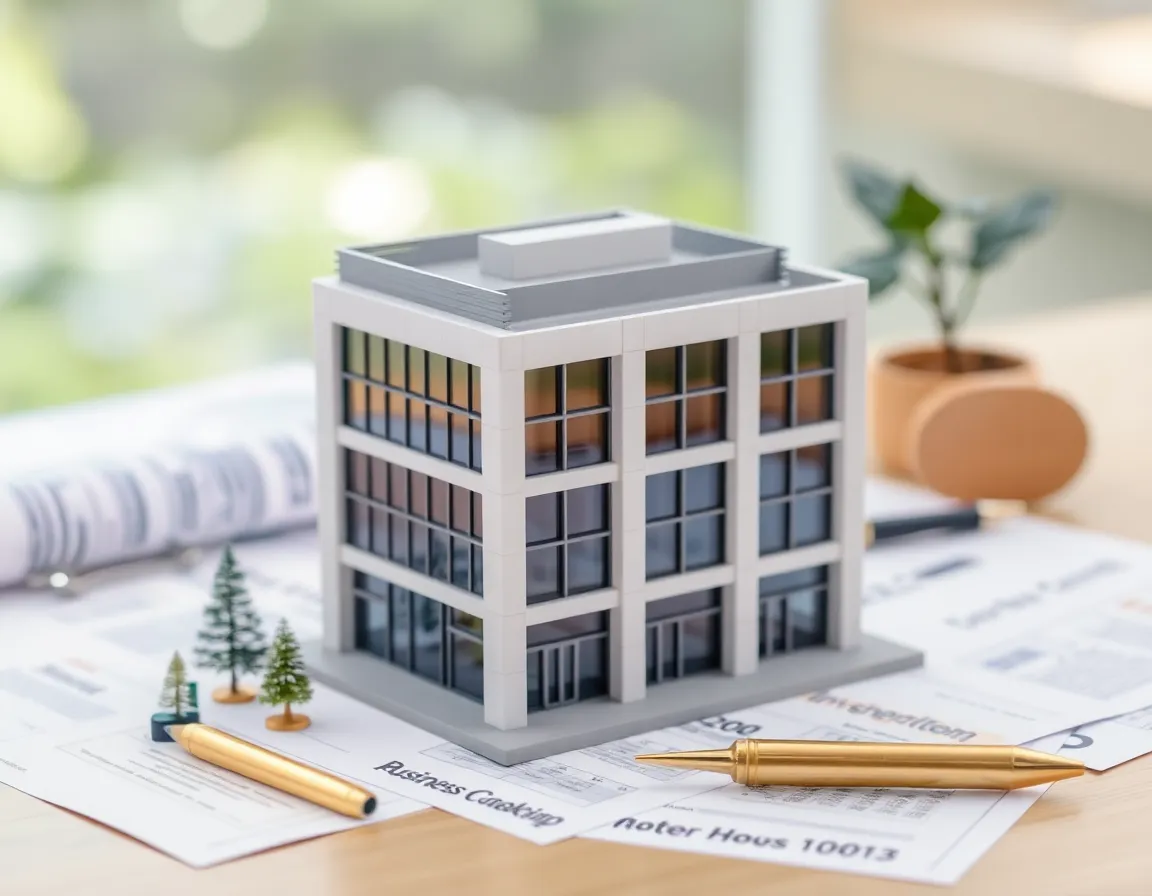 A modern architectural model of a commercial building with investment documents around it.